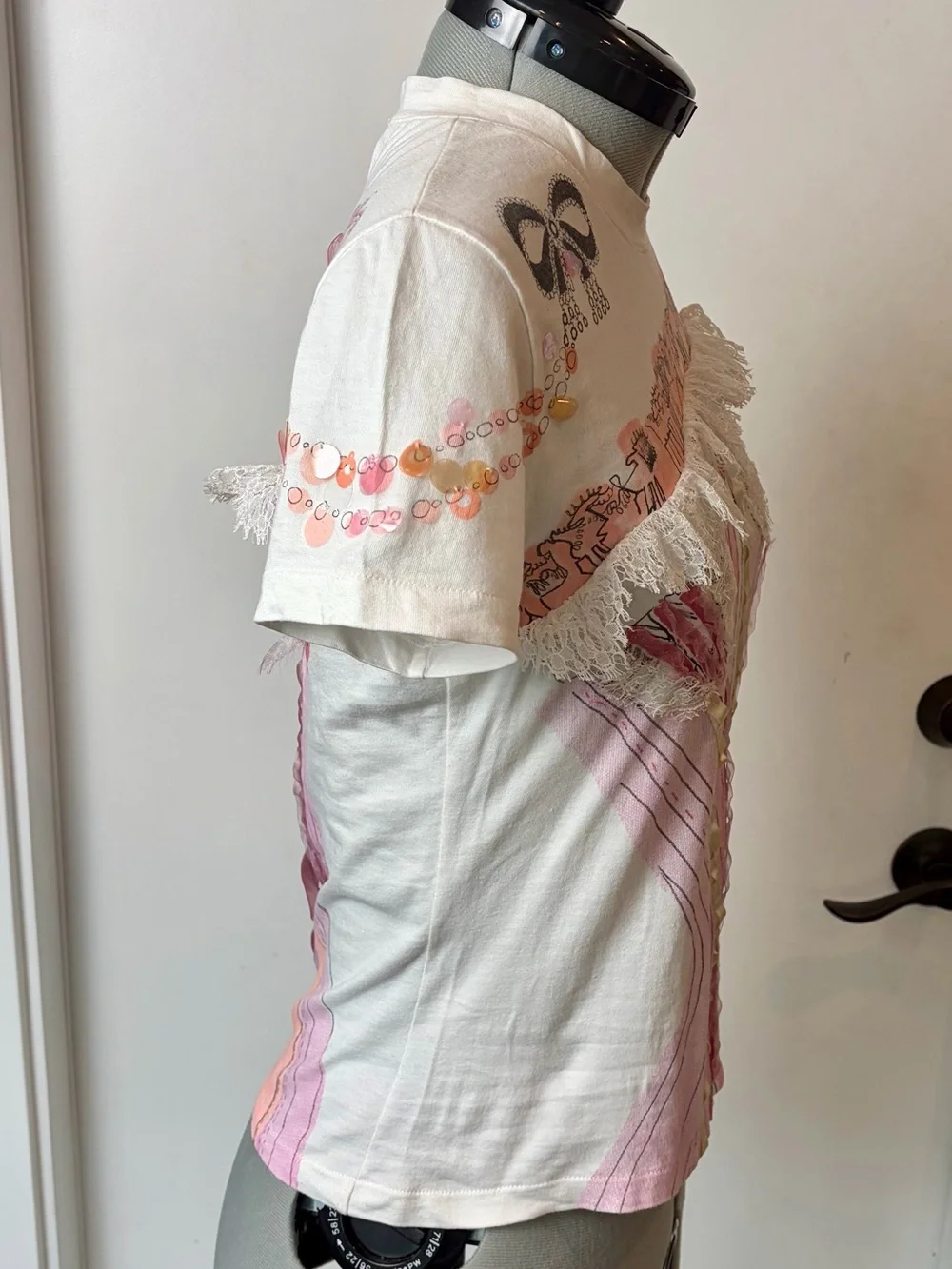 DIOR VTG Galliano ‘02 Corset Tee, white w/pink velvet ribbons&lace, M, EUC🎀 - Picture 4 of 15